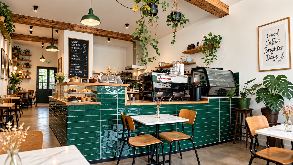 The Hop In café, green tiles, hanging plants and the coffee bar
